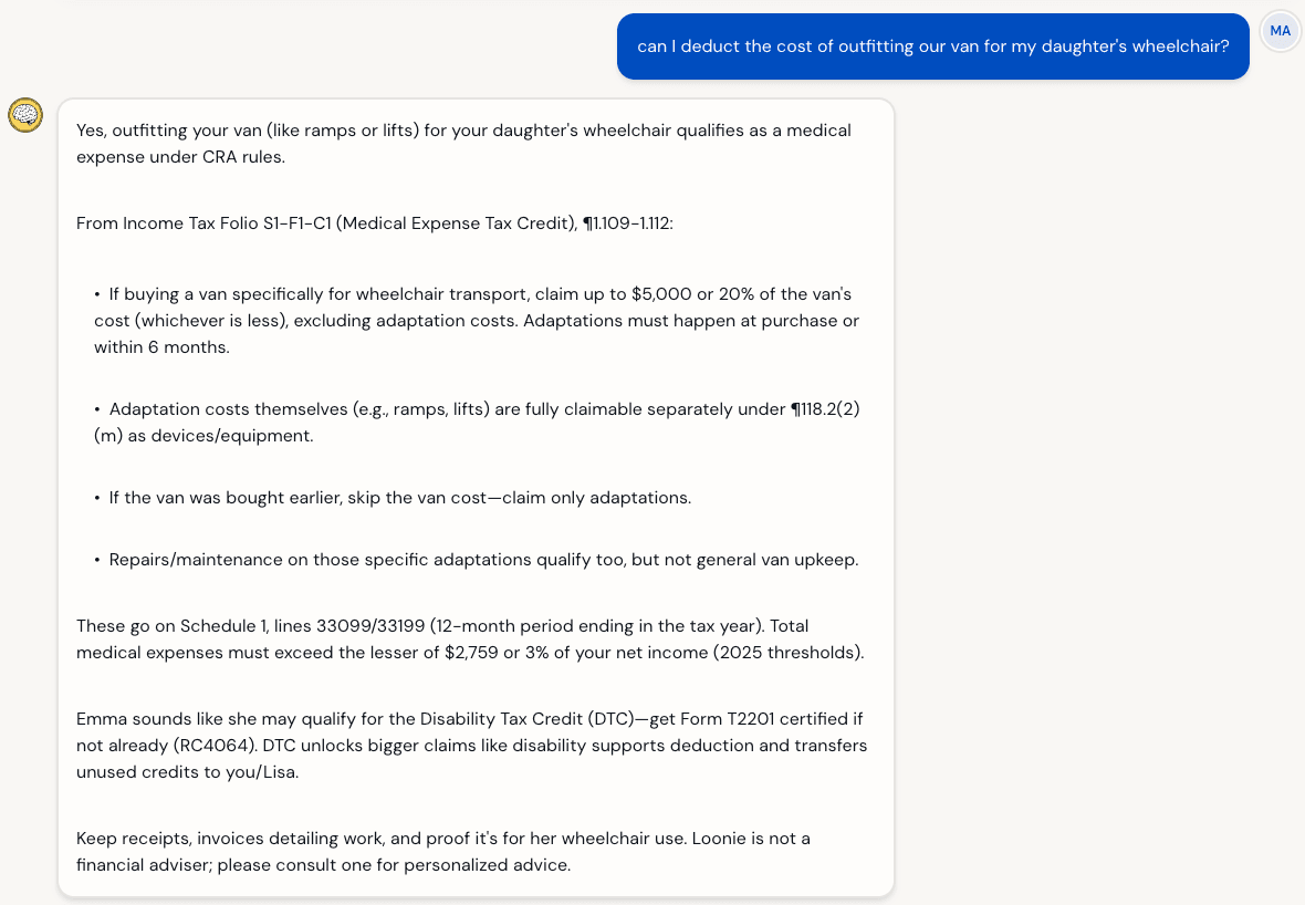 Loonie answering a CRA medical expense question about wheelchair van deductions with Income Tax Folio citations