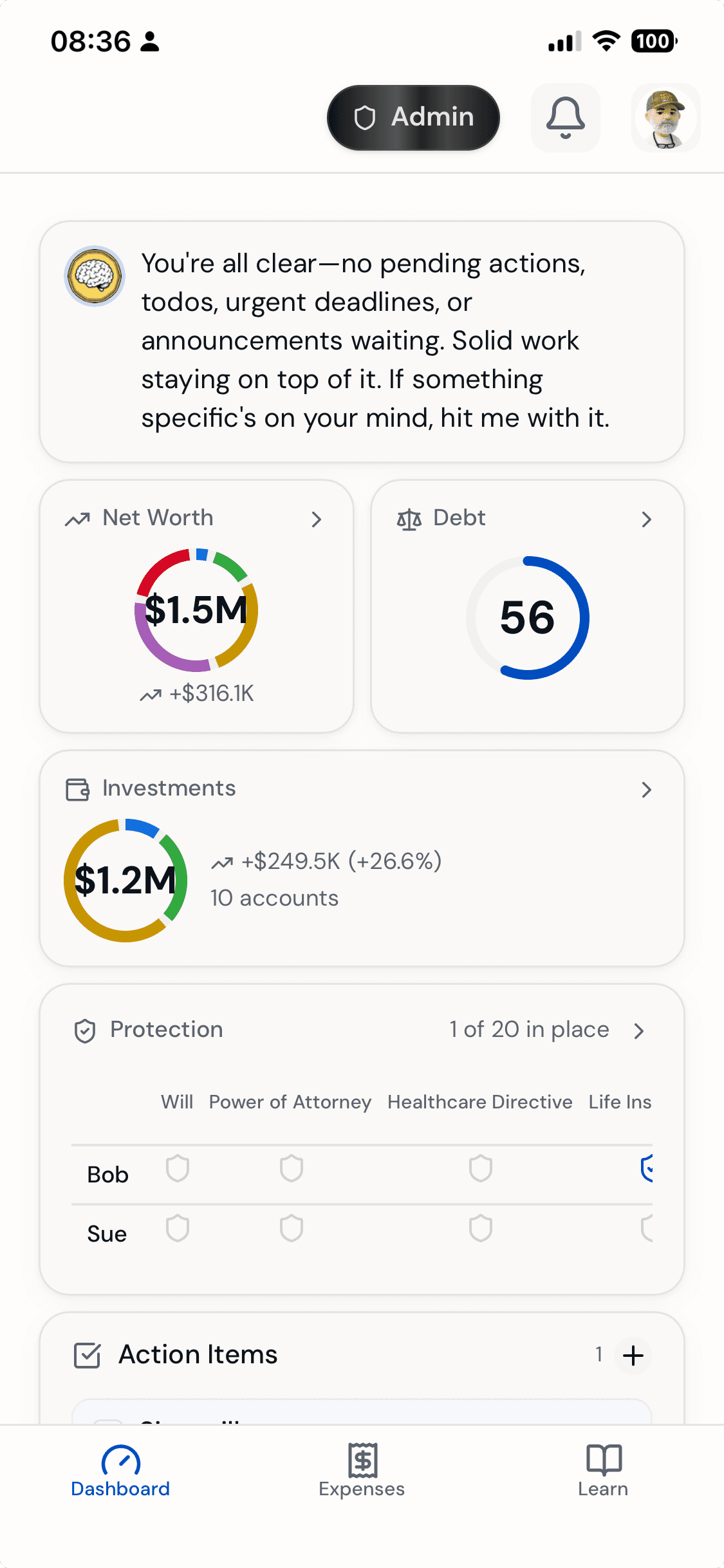 Mobile dashboard showing net worth, investments, and action items