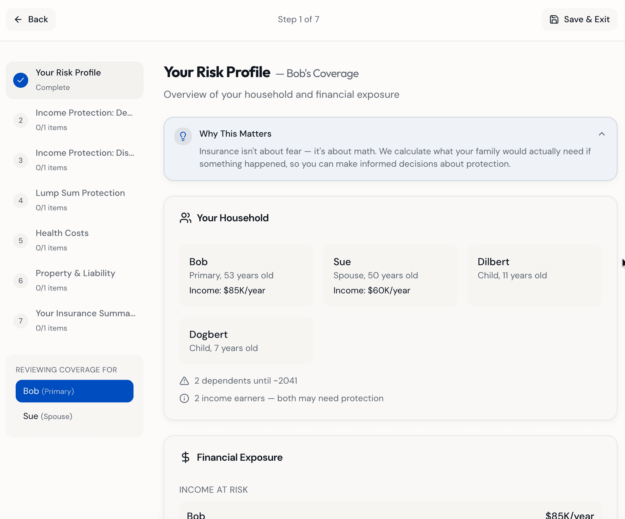 Insurance gap analysis showing household risk profile and income exposure
