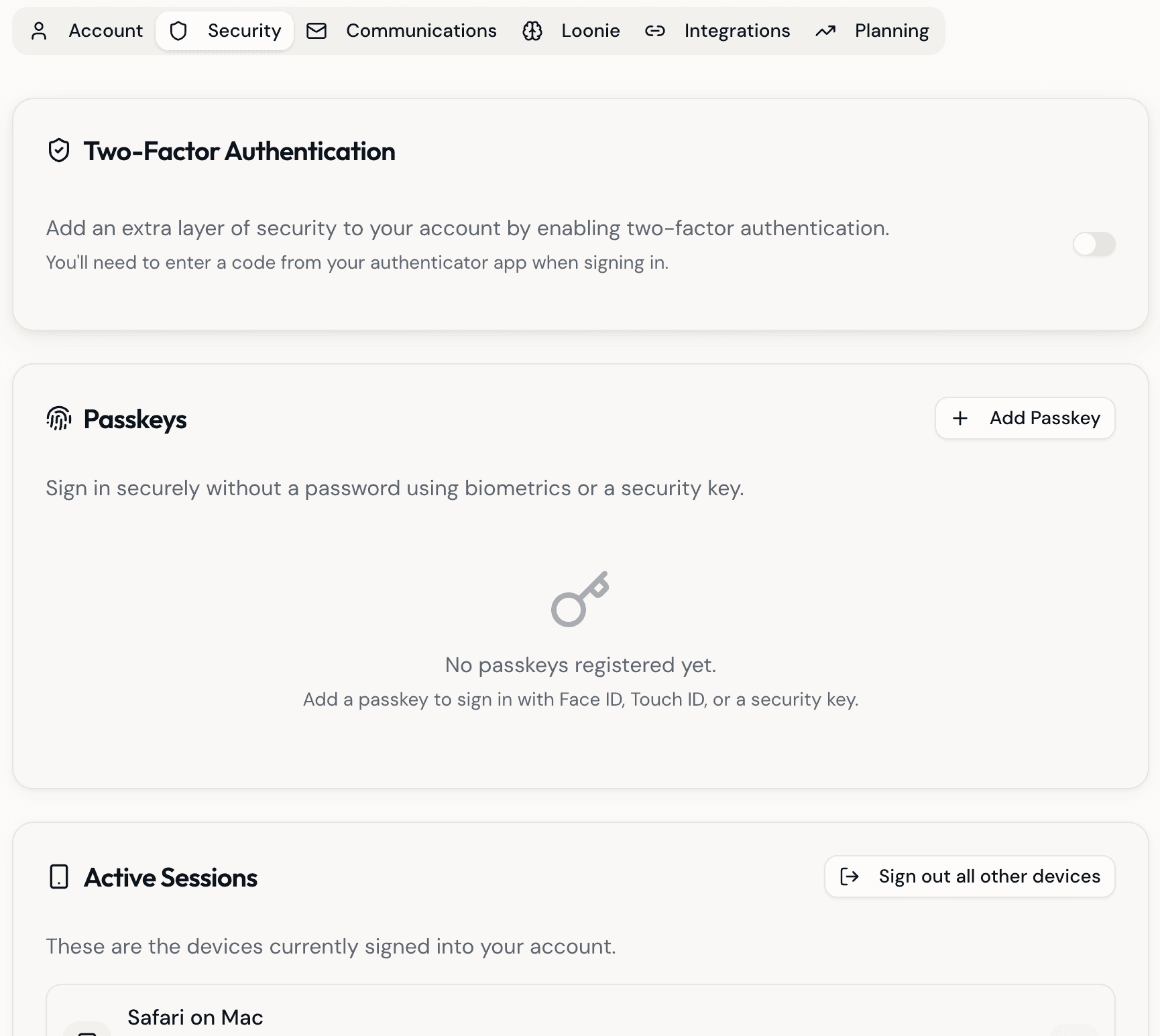 Security settings showing two-factor authentication, passkeys, and active sessions