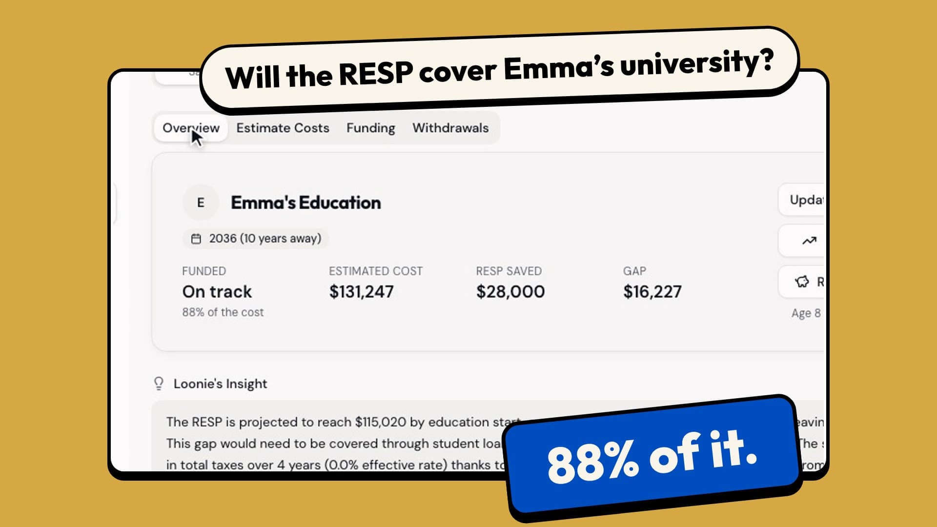 Will the RESP cover Emma’s university? What her four years will cost, how the RESP grows to the day she starts, and how much of the cost it covers.